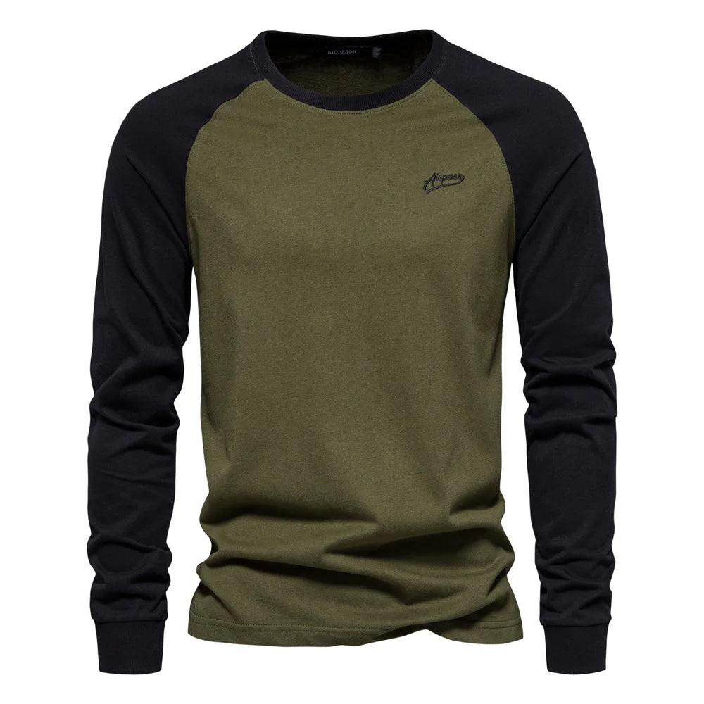 AIOPESON Men's T-shirts 100% Cotton Long Sleeve O-neck Pactwork Casual T shirts for Men New Spring Designer Tees Men Clothing