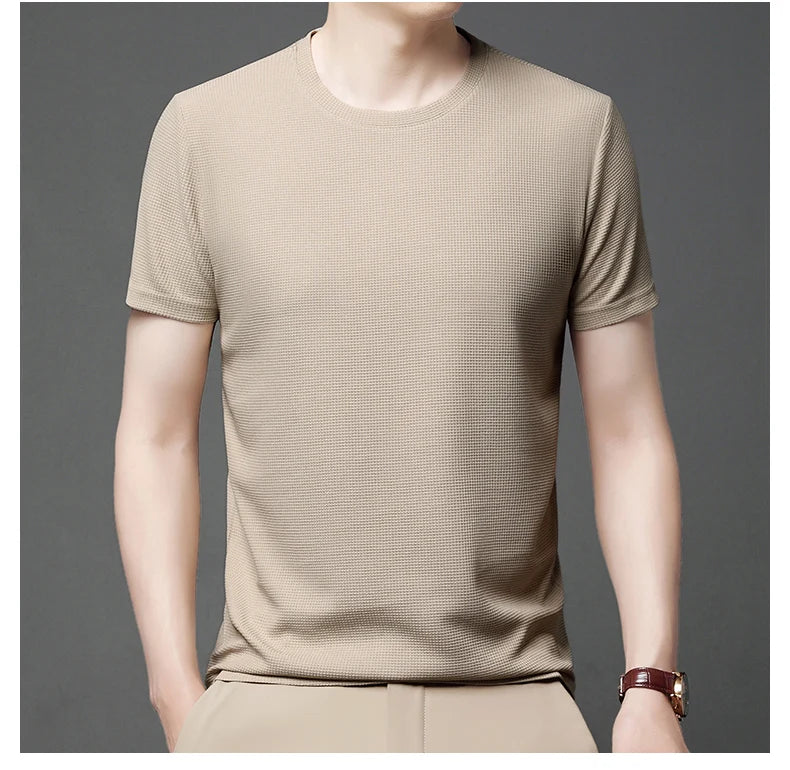 New Summer Waffle Round Neck Short Sleeved T-shirt for Men's Short Sleeved Top