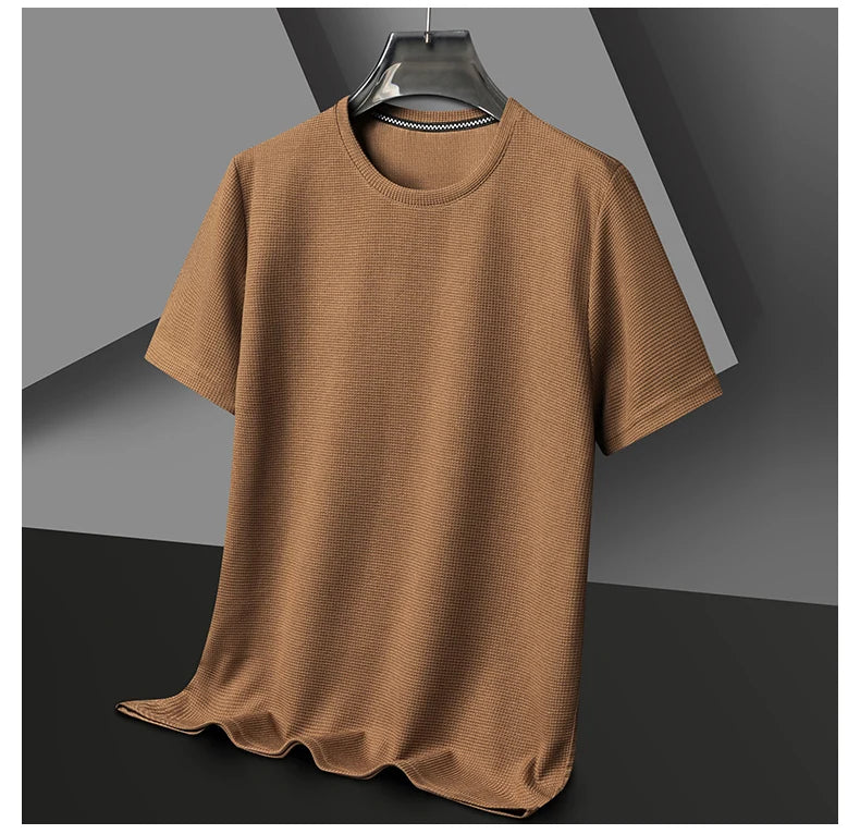 New Summer Waffle Round Neck Short Sleeved T-shirt for Men's Short Sleeved Top